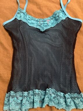 Lace-Trim Mesh Cami Tank Top in Teal and Black